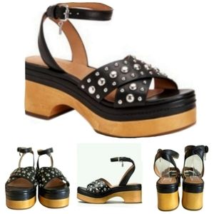 Coach Astor blk leather criss cross wooden platform stud chunky sandals 9B NWOB